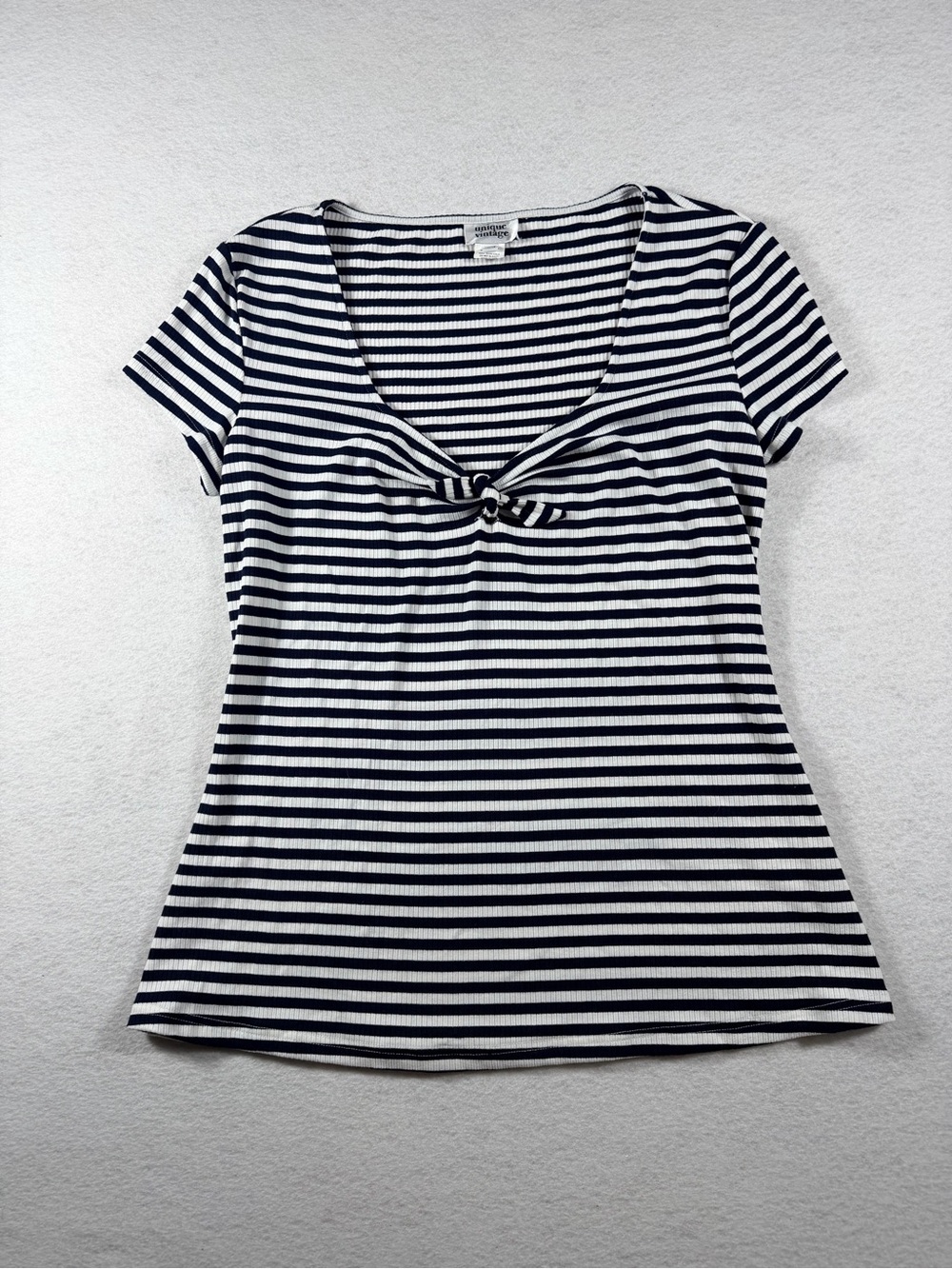 Unique Vintage Black & White Striped Knot-Front Short Sleeve Top Rockabilly